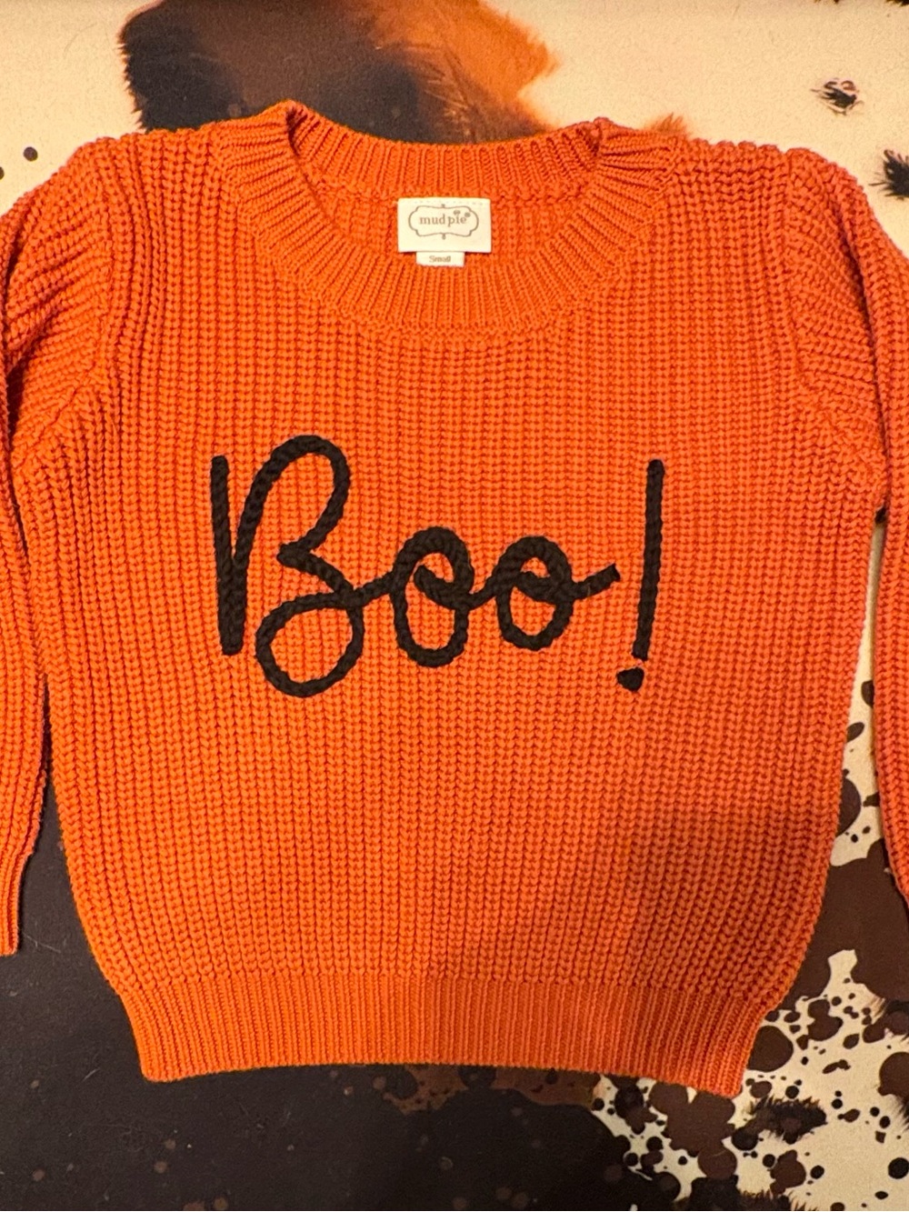 Mud Pie Baby Orange Knit Crewneck Sweater with Black "Boo!" Script